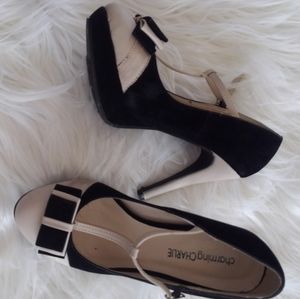 Black Velvet and cream bow front pumps